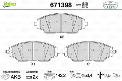 VALEO 671398 Fren Balatası Ön 95231012, 95025848, 52071684, 52131194, 96566892, 96534653, 19335983, 95231011, 94566892, 96534655