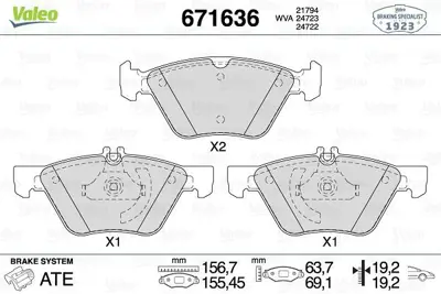 VALEO 671636 Dısk Fren Balatası (Ön) Mercedes E240 2.6 08-03 - 07-05 Mercedes E280 3.0-3.0d 03-05 - 07-09 Mercede A0044200720