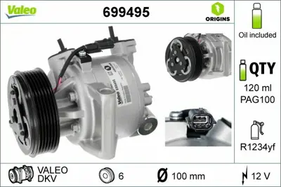 VALEO 699495 Kompreso¨r Nissan Micra (17>) 1.5dci 926005154R, 926009154R, 926003859R, 8201025121, 926004475R, 926000105R