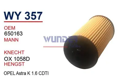 WUNDER WY357 Yağ Filitresi B16dth Astra-K 71744410, 5650359, 650163, 650172, 93185674, 95526685, 95526687, 55485671, 55588497, 55594651
