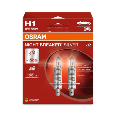 OSRAM 64150NBS-2HB Ampul H1 55w 12v P14.5s %100 Fazla Isık Gucu Ikılı Kutu GM 12258XVS2, GM 1987301073, GM 483342100, GM 8GH223498214