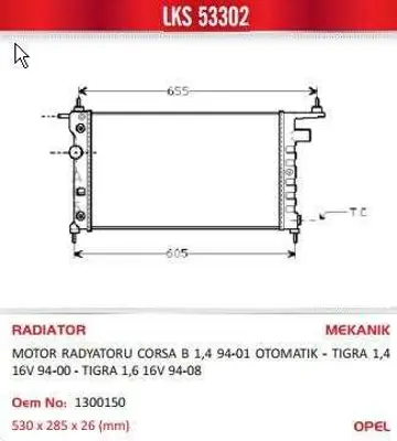 LKS 53302 Motor Su Radyatoru A,T, (Klıma Harıc) Corsa B X12sz C14nz X14xe X16xe 