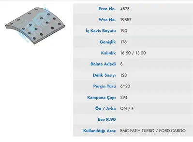 İthal 4878 M71 On - Arka - Dingil Fren Balatası Pabuc Fatıh-162.25-2217 Cargo Turbo 17,5cm 4878 M71
