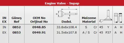 GÜNEŞ 0852-0853 Subap Takım Emme - Egzoz P406 P605 R Xantıa Xm Iı Es9j4 (3,0 V6 24v) Olcu: In (33,8 * 6 * 108,4) - E 