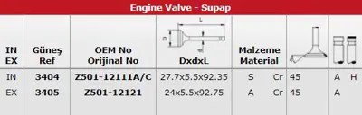 GÜNEŞ 3404-3405 Subap Takımı Mazda 323 1,5 16v (In 8 - Ex 8) Z50112111C Z50112121 Z50112121A Z50212111