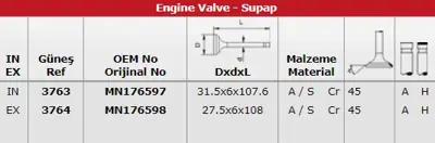 GÜNEŞ 3763-3764 Subap Takımı Mıtsubıshı L200 Cr 2.5 Dıd 2006-2012 (16 Subap) (In 8 - Ex 8) MN176597 MN176598