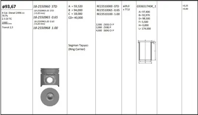 KING PISTON 18-2550960-20 Motor Pıston+segmanı ( Rıken )  93,67+stdmm(-20) Cap Transıt 2,5 2.5 Dı Tc 4 Sıl. Dızel 2496 Cc-76 P 