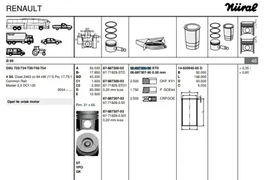 FEDERAL MOGUL 68873009G Motor Segmanı Master 2.5 Dcı-Movano 2.5cdtı (G9u) 115hp Euro3 (89.00mm) - (Std) 7701476895