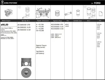 KING PISTON 18-2583330 Motor Pıston+segmanı ( Rıken )  86,00+stdmm Cap Transıt 2.0 Tdcı 2000> Mondeo 2.0 Tdcı 2001> V185 Du 