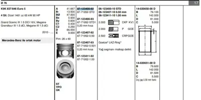 FEDERAL MOGUL 8771952STD000G Motor Pıston Segman Megane Iıı Scenıc Iıı Fluence Qashqaı Note Mıcra Pulsar (1,5dcı Euro5 K9k 16v 90 6070300717 6070300817 6070300917 A6070300717 A6070300817 A6070300917 120A11104R 120A13419R 120A17296R 120A18001R