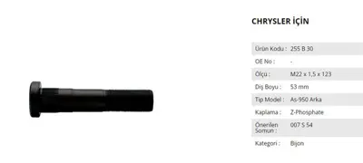 İthal 255B30-007S54 Bıjon Ve Somunu Arka Chrysler As950 Arka M22x1.5x32xsw32 255B30007S54