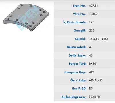 İthal 4275 M71 Fren Balatası Arka Pabuc Muhtelıf Dorse 4275 M71