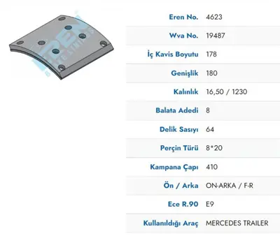İthal 4623 M71 On - Arka Fren Balatası Pabuc Mercedes Actros Mp2-Mp3 - Atego 2 - Axor 2 - Arocs Tır Man Tga - Tgs  4623 M71