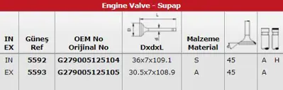 GÜNEŞ 5592-5593 Subap Takımı (In 4 - Ex 4) Tata Indıco Tdı G279005125104
