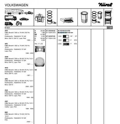FEDERAL MOGUL 61031070G Motor Segmanı Golf Vento Adx Aee Aea (76,51mm) (1,2 - 1,5 - 2,5) 