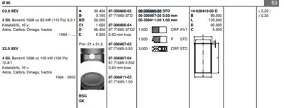 FEDERAL MOGUL 63068002G Segman Takımı (Std) - (86,00mm) P306 Gtı Em P306 Gtı Ym Zx Xsara Vts Xu10j4rs (2,0 16v) Vectra A Vec 628G7
