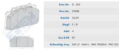 İthal YERN-D.565 M201 YAYLI On Fren Balatası Man 12 - 153 (97-) (Yesıl Kutu Otobus Icın) L2000 M2000 - Renault Mıdlum - Isuzu N YERND565M201YAYLI