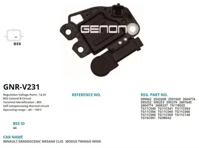 GENON GNR-V231 Alternator Konjektor Valeo Tıp 12v Renault Scenıc - Megane - Clıo - Kangoo - Twıngo (Bss) 