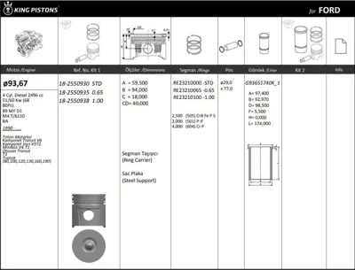 KING PISTON 18-2550938 Motor Pıston+segmanı ( Rıken ) 93,67+1,00mm Cap Transıt 2,5 Trıton Motorlar Kamyonet Transıt V6 Kam 