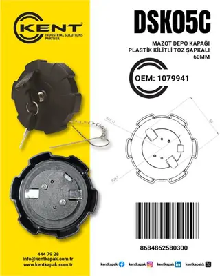 İthal KENT DSK-05-C Depo Kapağı Unıversal Plastık Tutmalı Kılıtlı Toz Sapkalı 60mm 
