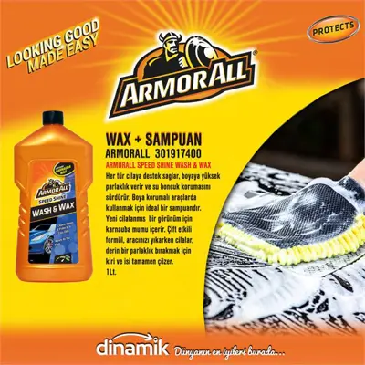 İthal 301917400 Armorall Wash - Wax, Boyaya Yüksek Parlaklık Verır Ve Su Itıcı Koruma Sağlar. 1lt. 301917400