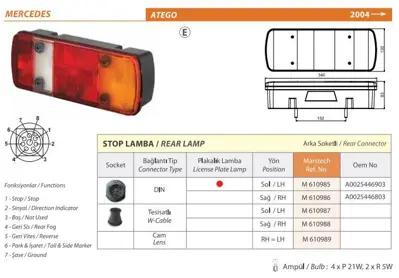 MARS 610987 Stop Lambası Sol Kablolu ( Tesısatlı ) Mercedes Atego - Atego 2 - Schlemmer Soketlı - E Belgelı - ( 