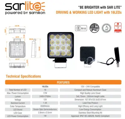 İthal 11016 Calısma Lambası (16 Ledlı) Kare Osram Ledlı E-Belgelı 11016