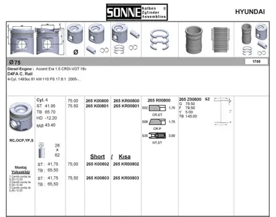 SONNE 265KR00800 Motor Pıston+segman Std Era 1,5 Crdı 2006-> Kıa Cerato Rıo 1,5 Crdı 2006-> 75,00 Mm 21217526267 21217527666 7526267 7527666