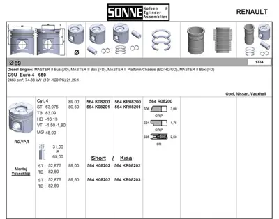 SONNE 564KR08200 Motor Pıston+segman Master 2.5 Dcı-Movano 2.5cdtı (G9u) 145hp Euro4 (89.00mm) - (Std) Npr Segmanlı 1121672 120329 1203922 1214516 1254745 1423935 28105264G 28105264K 28141025P 28141026C 28141036L 2A141165A 2A141165B 2A141165D 2A141165E 2A141165G 2A141165M 2M141671 2M141671A 2M141671B 2M217580AA 38105264 38105264D 38105264H 38105264J 38141015A 38141015P 38198141BX 38198141X 4E141015C 6A105264A 6A105264K 6A105264M A5141671 A5141671A A5141671D A5141671E A5141