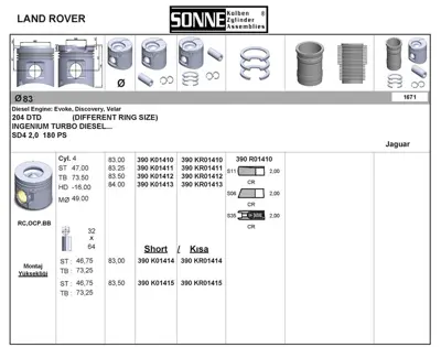 SONNE 390KR01410 Pıston + Segman Range Rover Velar 2.0 Dızel Standart 21217526267 21217527666 7526267 7527666