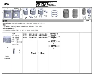 SONNE 095KR01500 Pıston Segman 85.00mm Std Bmw M44 E36 Is 1J927156JE