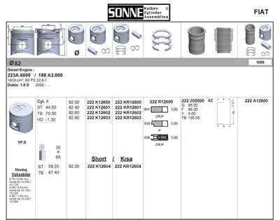 SONNE 222KR12600 Motor Pıston Segman 82,00mm (Std) Doblo 1.9 D 01> 21217526267 21217527666 7526267 7527666