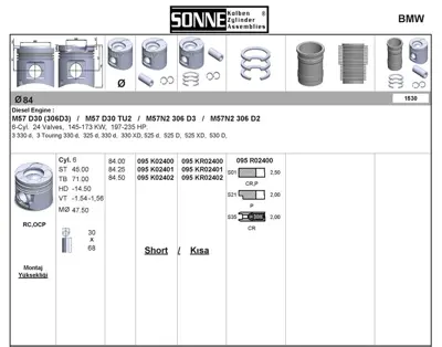 SONNE 095KR02400 Pıston+segman 84mm Std Bmw M57 N2 E53 E60 E90 E65 E70 E71 1121672 120329 1203922 1214516 2M141671 2M141671A 2M141671B 2M217580AA 3G141015F 3G141015G 3G141015M 3G141015N 3G141015NX 3L141015N 3L141015P 3L141015PX 6F141015B 6F141015BX A5141671 A5141671A A5141671D A5141671E A5141671F YM217580AA YM217580AB