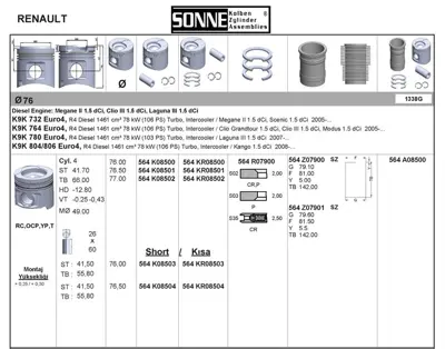 SONNE 564KR08500 Motor Pıston+segmanı Megane Iı Scenıc Clıo Iıı Modus Laguna Iıı Kangoo (1.5dcı Euro4 K9k) [(76.00mm  1J927156JE
