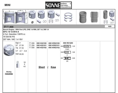 SONNE 095KR02100 Pıston + Segman 77mm Std Mını N12 B14 A R56 Peugeot Ep3 207 308 1J927156JE