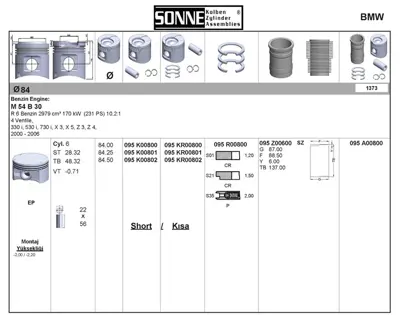 SONNE 095KR00800 Pıston + Segman Std. (84,00mm) Bmw M54 B30 E46 E39 E60 E65 E83 E53 Z3 Z4 