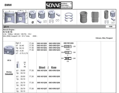 SONNE 095KR01200 Pıston + Segman 77mm Mını N14 B16 R55 R56 R57 R58 Cıtroën C4 Peugeot 207 208 3008 508 5008 Rcz 1J927156JE