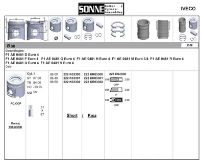 SONNE 222KR03300 Motor Pıston+segman (88,00mm) - (Std) Ducato Daıly Karsan J10 2,3jtd (Euro Iv F1ae0481d) 1121672 120329 1203922 1214516 1254745 1423935 28105264G 28105264K 28141025P 28141026C 28141036L 2A141165A 2A141165B 2A141165D 2A141165E 2A141165G 2A141165M 2M141671 2M141671A 2M141671B 2M217580AA 38105264 38105264D 38105264H 38105264J 38141015A 38141015P 38198141BX 38198141X 4E141015C 6A105264A 6A105264K 6A105264M A5141671 A5141671A A5141671D A5141671E A5141