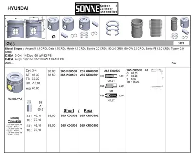 SONNE 265KR00500 Motor Pıston+segman Std Accent Admıra 1,5 Crdı - Getz 1,5 Crdı 2002-2005 (3 Silindir D3ea Motor) - T 21217526267 21217527666 7526267 7527666