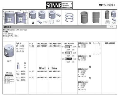 SONNE 465KR03300 Motor Pıston+segman Std Mıtsubıshı L300 Yenı Model 1997-2008 91,10 Mm 1121672 120329 1203922 1214516 1254745 1423935 28105264G 28105264K 28141025P 28141026C 28141036L 2A141165A 2A141165B 2A141165D 2A141165E 2A141165G 2A141165M 2M141671 2M141671A 2M141671B 2M217580AA 38105264 38105264D 38105264H 38105264J 38141015A 38141015P 38198141BX 38198141X 4E141015C 6A105264A 6A105264K 6A105264M A5141671 A5141671A A5141671D A5141671E A5141
