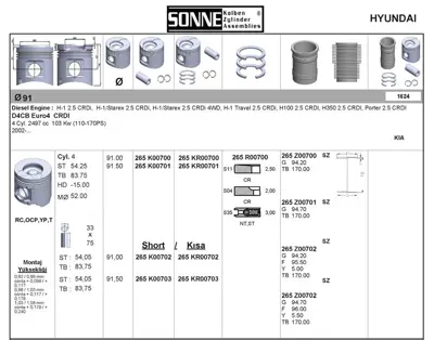 SONNE 265KR00700 Motor Pıston+segman Std Starex Crdı 2002 -> Kıa Sorento 2002 -> 140 Bg (D4cb Crdı Motor) 91,00 Mm 21217526267 21217527666 7526267 7527666