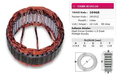 YAVUZ 10 468 Stator Valeo Tıp 12v 90a Opel Corsa Combo 1 3 Dızel Multıjet Gurubu Nursan 181512 