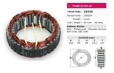 YAVUZ 10 356 Stator Lucas Tıp 24v 40a Bmc Prof Chrysler Scanıa 111 112 Eskı Kod: 182 124 Nursan 153224 1703300075 1703300107 1703300107AA 1703300207 1703300207AA 2023300075 2023300275 2023302607 2023302707 2023304107