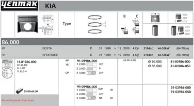 YENMAK 31-03986-050 Motor Pıston Segman 050 Kıa Besta - Mazda E2200 1999-> 86.50 Mm 3103986050
