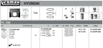 YENMAK 31-03499-050 Motor Pıston Segman 050 H100 Mınıbus Yenı Tıp 1997-> 91,60 Mm 3103499050