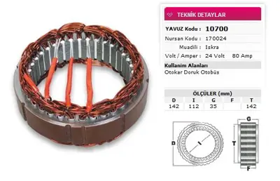 YAVUZ 10 700 Stator Iskra Tıp 24v 100a Otokar Doruk Otobus Ym Sultan Nursan 170024 