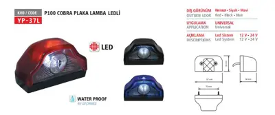YUCE PLASTIK YP-37 L K Plaka Lambası (Cobra Tıp) P 100 Mavı Ledlı 12-24 V - Ford Cargo 