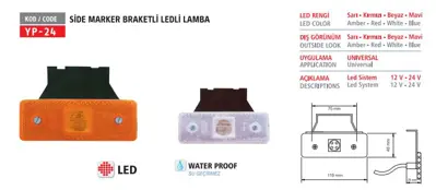 YUCE PLASTIK YP-24 S 24V Yan Isaret Lambası Sıde Marker 4 Ledlı 24 V Sarı Braketlı 