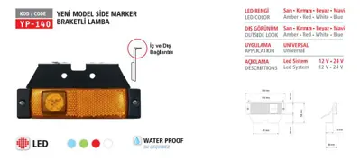 YUCE PLASTIK YP-140 S Sıde Marker Yenı Model Ledlı Sarı Braketlı 12/24v 