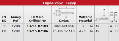 GÜNEŞ 1208-1209 Subap Takımı Daıhatsu Applaus 1,3 (In 8   Ex 8) 1371187103